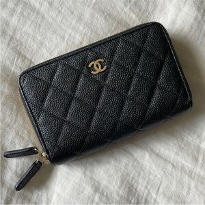 CHANEL Black Caviar Leather Double Zip Wallet with Gold Hardware